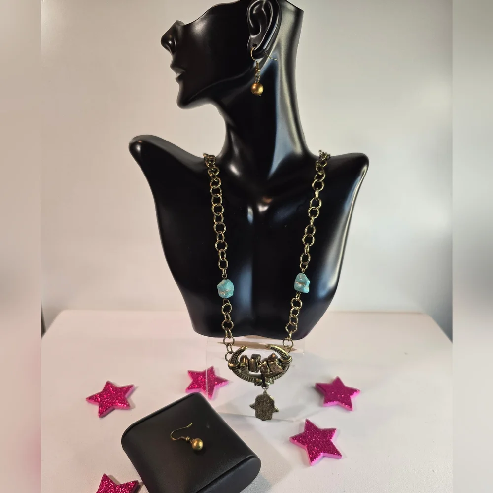 Elegant Gold tone and Blue Necklace and Earring Set